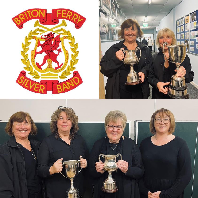 a collage of pictures showing members of Briton Ferry Silver Band with their trophy after winning in Penarth on 18-11-23