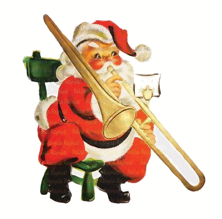 a cartoon image of Santa Claus playing a trombone
